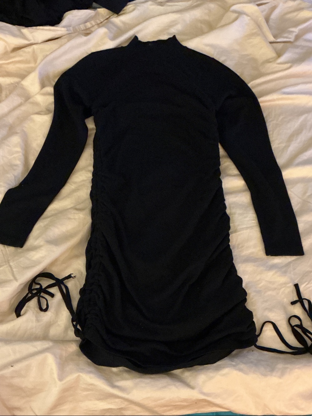 Windsor Black Long-Sleeve Ruched Side Tie Dress